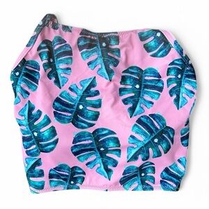 Women’s Tropical Leaf Pink Tube Top Bathing Suit Strapless Swimsuit Medium